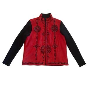 NWT Y2K Coldwater Creek Crimson & Black Embroidered Fleece Jacket (XL)